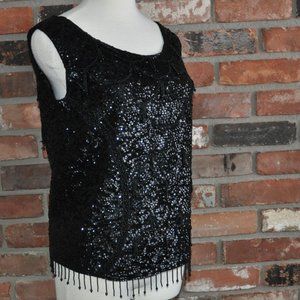 Vintage Wool Knit Sequin Scalloped Black Vest Beaded Tassels Sleeveless Top S